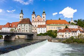 Old town view of Steyr in Austria. River Steyr flowing through the city centre.