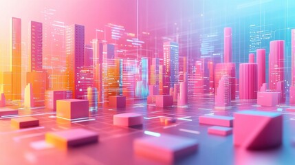 A vibrant, futuristic cityscape with glowing buildings and abstract shapes in shades of pink and blue, creating a dynamic, digital atmosphere.