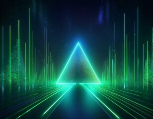 3d abstract neon background, glowing triangle of light, vertical lines in cyber space, urban scene in virtual reality, empty road in fantastic emerald city, skyscrapers under the night sky.