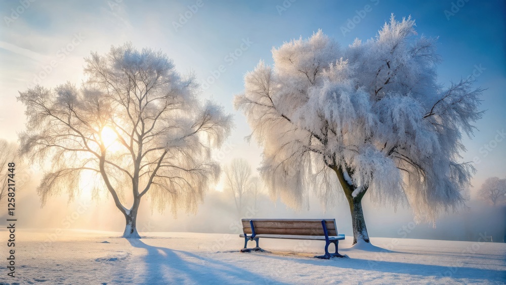 Aufkleber a lone bench sits beneath the frosted branches of two trees, bathed in the soft glow of the rising s
