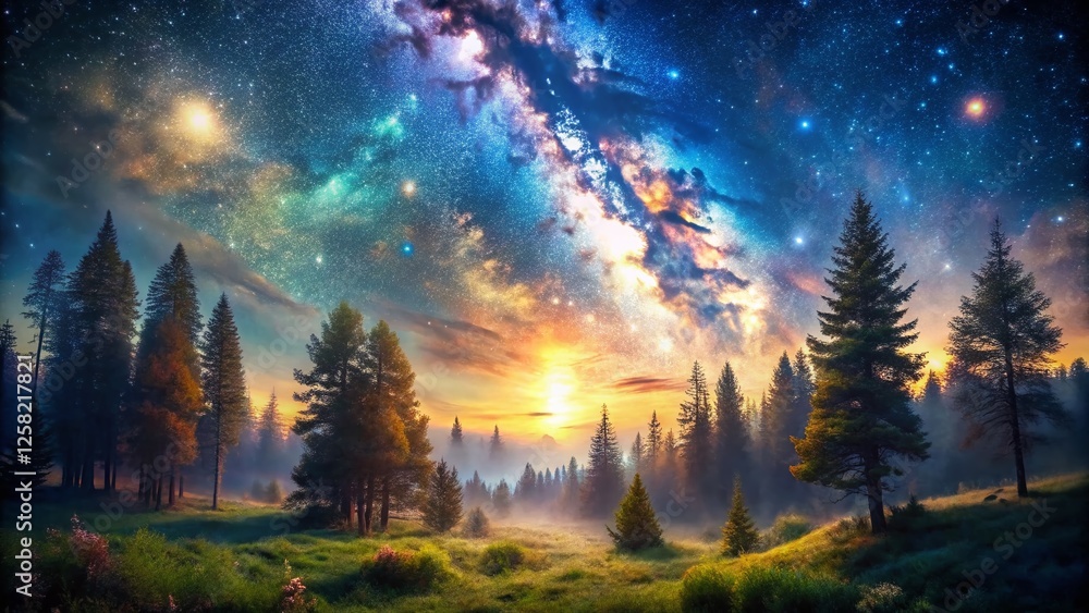 Wall mural Magical Night Sky Panoramic: Enchanting Starry Landscape