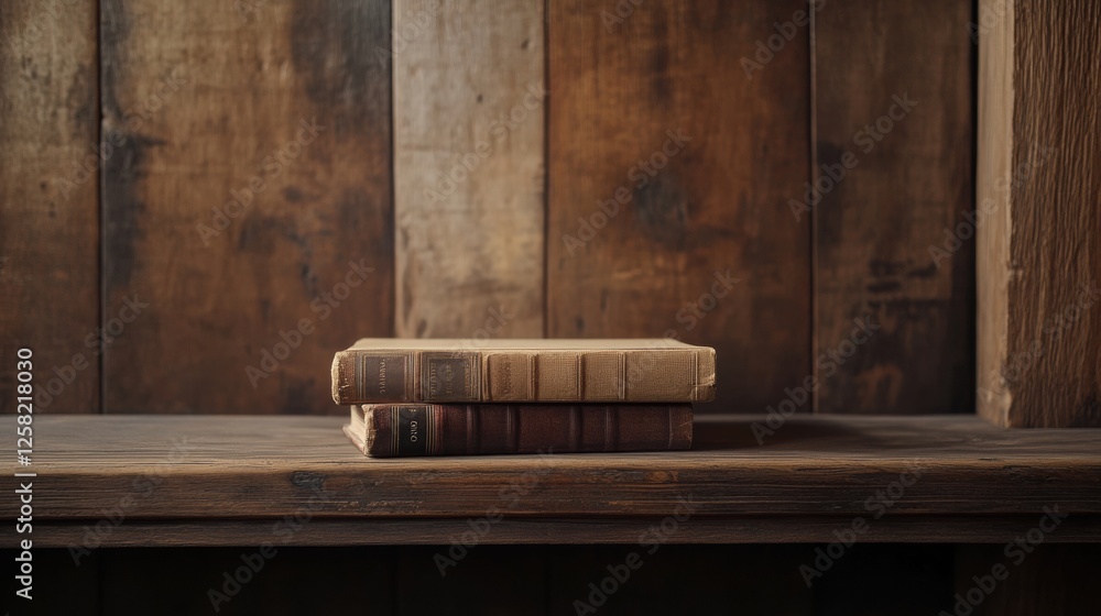 Aufkleber Stack of books resting on a rustic wooden shelf with space for additional text or decoration. Generative AI