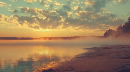 Fototapeta premium serene sunrise over misty lake
