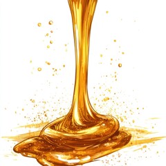 Golden liquid pouring, dramatic splash, isolated white background. Stock photo for food, beverages, or health products