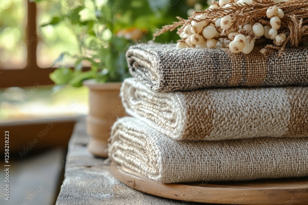 Poster soft textured cloths arranged on a wooden surface surrounded by greenery and decorative elements in 