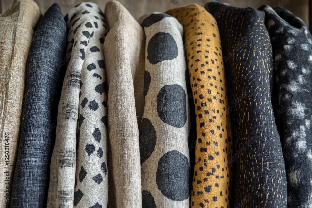 Aufkleber collection of various textured fabrics displayed in a row showcasing patterns in a well-lit textile 