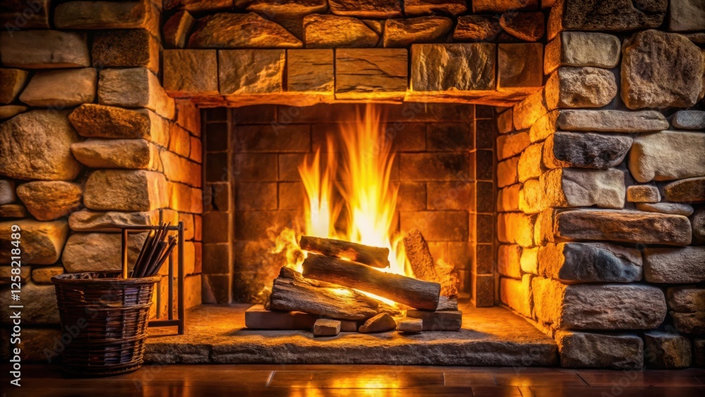 Poster a crackling fire glows within a rustic stone fireplace, casting warm light on the surrounding stonew