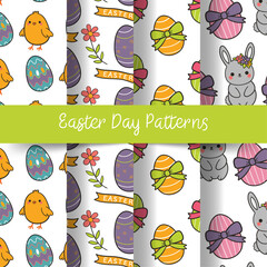 Seamless vector Easter patterns set with eggs, chicks, flowers, and bunnies, spring holiday design for decor and packaging