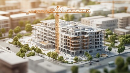 A new commercial real estate project under construction, cranes and architectural blueprints detailing office space layouts