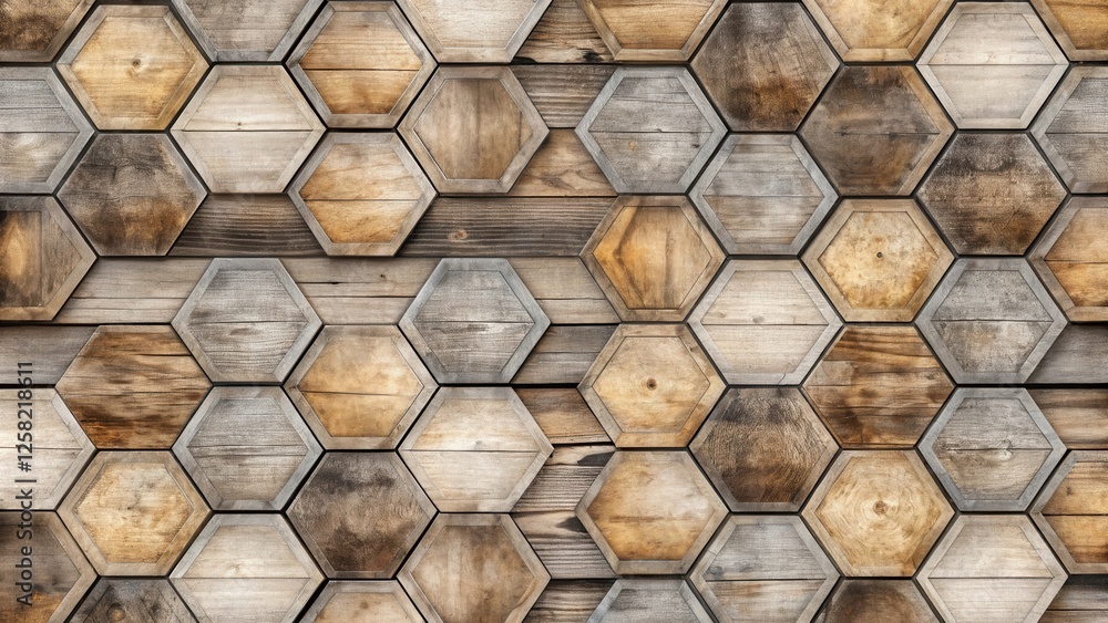 Aufkleber A rustic wooden wall with a hexagonal pattern composed of different shades of wood, showcasing a natural and organic texture.