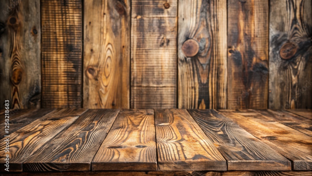 Poster rustic wooden tabletop with a blurred wooden background for product display or mockup