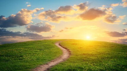 Fototapeta premium Serene Trail Through Green Meadow Leading Towards a Bright Horizon Under a Pastel Skyscape