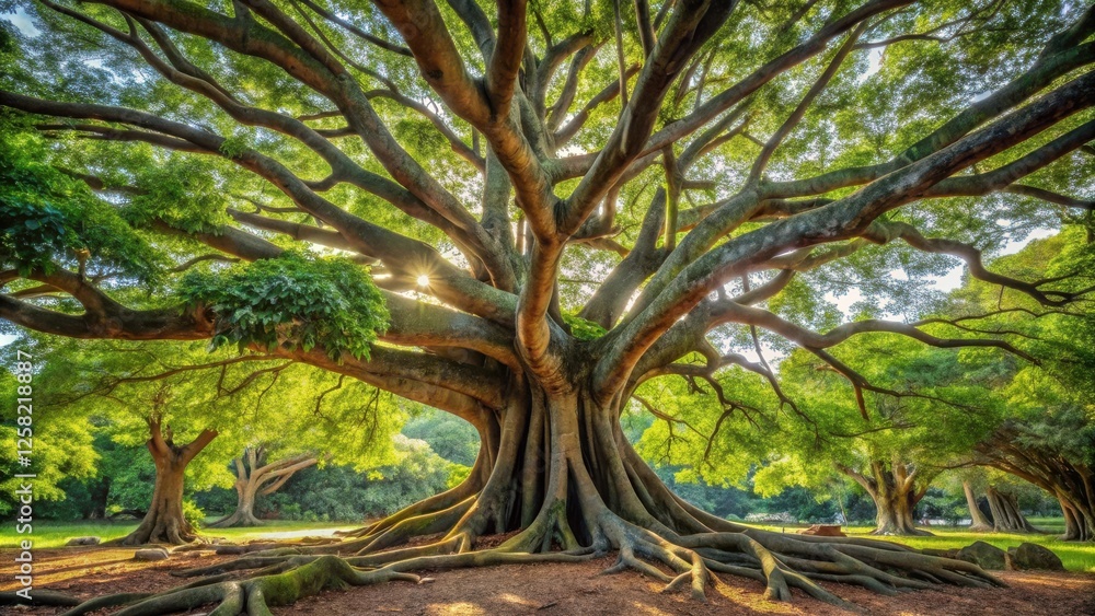 Poster sunlight filtering through the leaves of a massive old tree, revealing its intricate network of bran