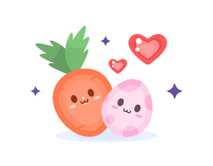 illustration of a carrot and easter egg with cute, adorable, and adorable faces. celebration and happy easter. bunny facial expression. decoration, ornament, flat style character design. elements