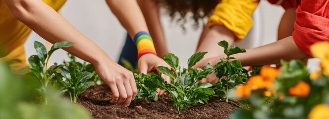 Fototapeta premium People planting greenery together in garden, wearing colorful clothing and rainbow accessories. Pride month activity concept