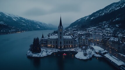 Serene View of Church on Island in Winter with Snowy Mountains and Calm Lake at Dusk in Switzerland