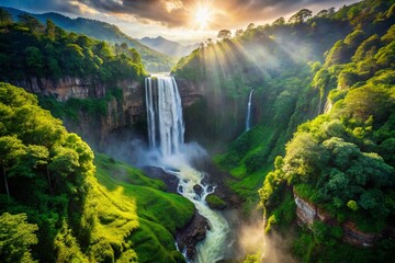 Majestic Aerial View of Waterfall Cascading Down Dramatic Cliffs - Stunning Nature Photography