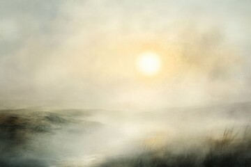 Fototapeta premium Misty morning landscape with a soft, hazy sun rising over rolling hills and calm water.