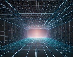 A fantastical landscape of illuminated grids and radiant corridors connecting surreal architecture.