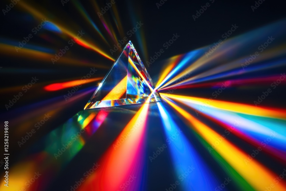 Poster a triangular prism refracts light, creating a vibrant spectrum of colors radiating outwards.