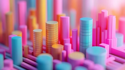 A vibrant, abstract representation of colorful cylindrical shapes resembling a modern city skyline or data visualization.