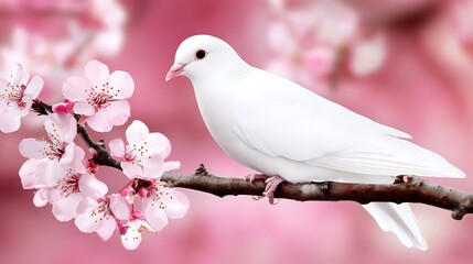 Obraz premium Serene White Dove Perched on Blossoming Branch Symbol of Peace Beauty and Tranquility in Nature
