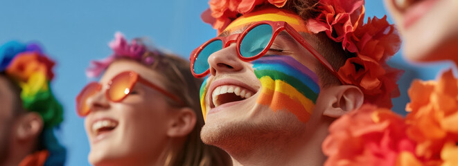 Joyful individuals celebrating pride with colorful face paint and vibrant accessories. Pride month activity concept