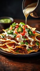 Close-up of stacked high nachos with vibrant jalapenos, diced tomatoes on top, being drizzled with melted cheese