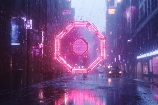 Rainy cyberpunk city street scene with a pink octagonal neon sign reflecting on wet pavement.