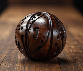 A 3D blob carved out of rich, dark wood, with intricate grain patterns and smooth, polished curves. It rests on a rustic table, surrounded by earthy tones and a soft, warm light 