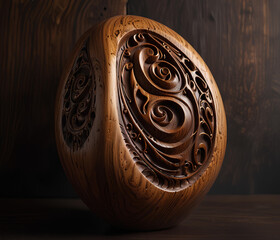 A 3D blob carved out of rich, dark wood, with intricate grain patterns and smooth, polished curves. It rests on a rustic table, surrounded by earthy tones and a soft, warm light 