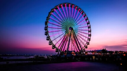 Fototapeta premium Illuminated Ferris wheel at sunset, harbor view, amusement park