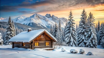 A quaint log cabin nestled amidst snow-covered evergreens and a backdrop of majestic snow-capped mountains under a vibrant sunrise.