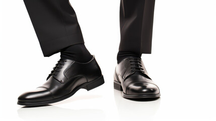Close-up of polished black leather business shoes on a blank white background symbolizing elegance professionalism and corporate fashion