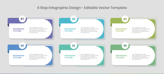 6 Steps Infographics Design Template - Graph, Pie chart, workflow layout, rectangular diagram, brochure, report, presentation, web design Editable Vector illustration on white background