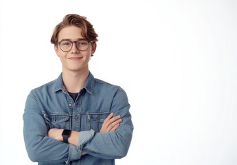 Confident young man, arms crossed, studio shot, white background, portrait