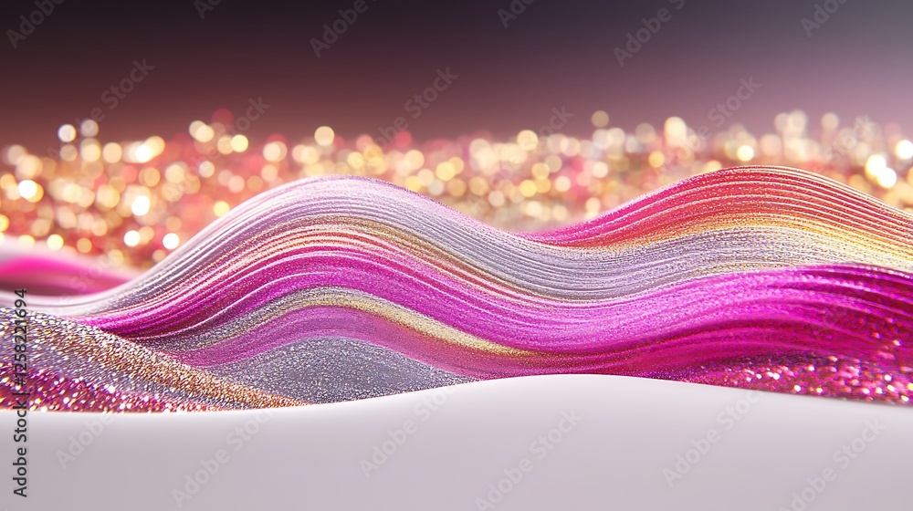 Poster shimmering ribbons of magenta and silver with bokeh lights in the background an abstract festive des