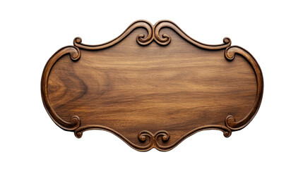 Elegant wooden sign with ornate carvings on transparent background