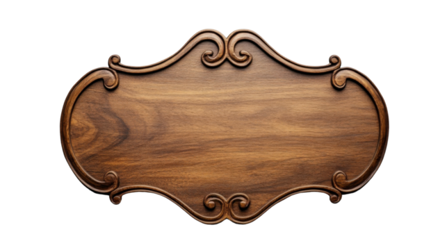 Elegant wooden sign with ornate carvings on transparent background