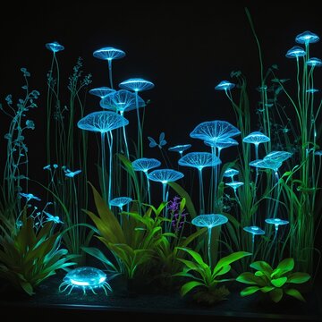 A luminous garden filled with glowing plants and mechanical insects.