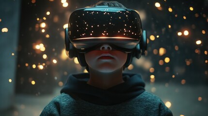 A child experiences virtual reality through a VR headset, immersed in a captivating digital world filled with colorful sparks and lights.