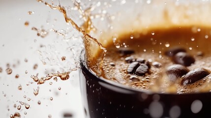 A close-up image of coffee splashing from a cup, highlighting the rich texture and vibrant colors, perfect for coffee lovers and beverage enthusiasts.