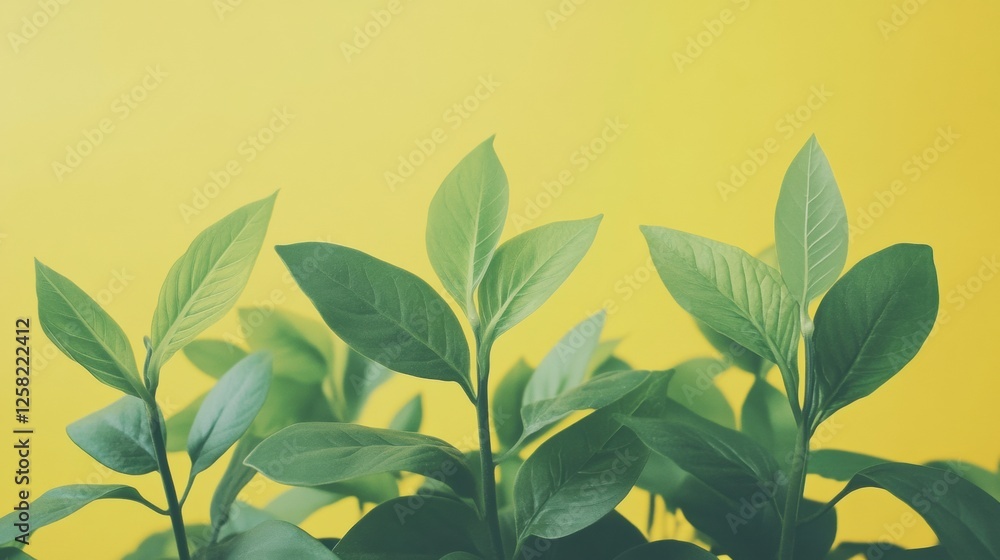 Poster upward flowing lines evoke the growth of plants against a vibrant yellow background in a serene indo