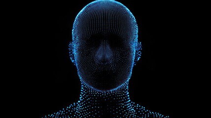 Digital head, glowing points, dark background, AI concept