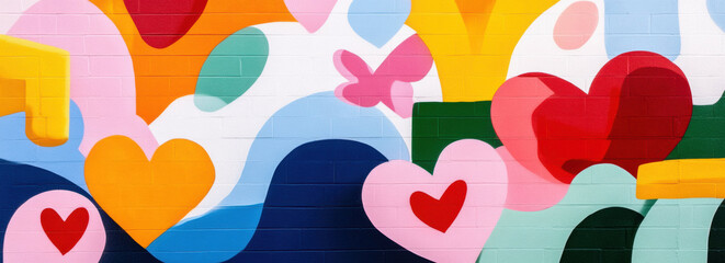 Colorful mural featuring hearts, abstract shapes, and vibrant patterns on brick wall. Pride month activity concept