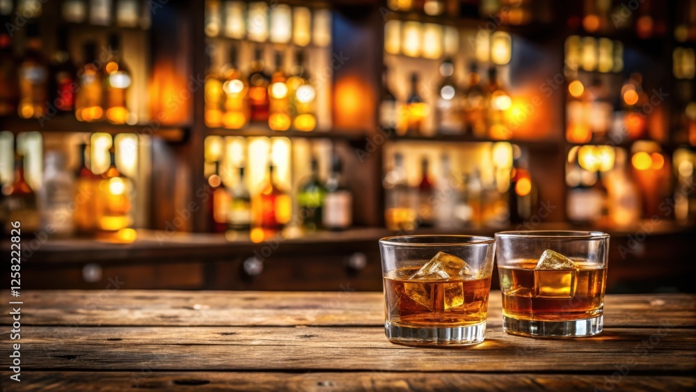 Poster two glasses of whiskey on the rocks with a blurred background of a bar filled with liquor bottles.