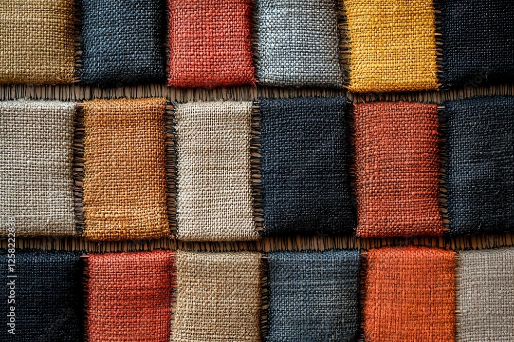 Poster colorful textile swatches arranged in a grid pattern displaying various textures and shades in a tex