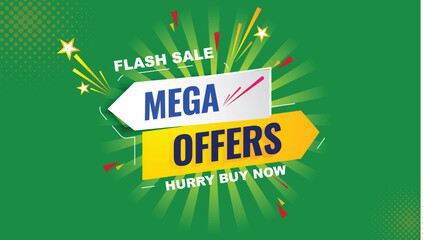 Flash sale mega offer background, special offer, limited time only, flash sale creative campaign sales green yellow banner template design for social media and website	