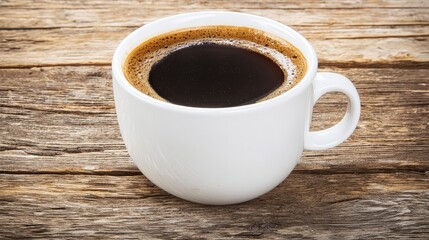 Freshly Brewed Coffee in White Mug on Rustic Wooden Table