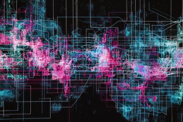 Neon gridlines in pink and cyan form intricate abstract waveforms, casting a brilliant glow in a digital black space.
